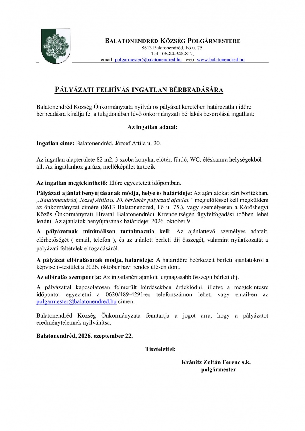 Pályázati felhívás ingatlan bérbeadására
